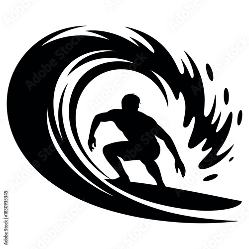 Silhouette of a surfer riding a massive breaking wave with spray in a dynamic black and white illustration