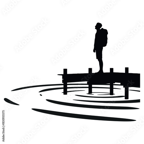 Solitary figure stands on a wooden pier at the edge of rippling water