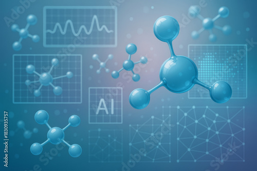 Blue molecule model, artificial intelligence, scientific data, technology background, digital network, futuristic design, laboratory inspired abstract scene with floating molecules