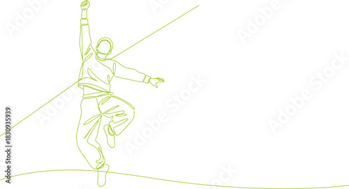 Green line art of a jumping man full of joy and victory