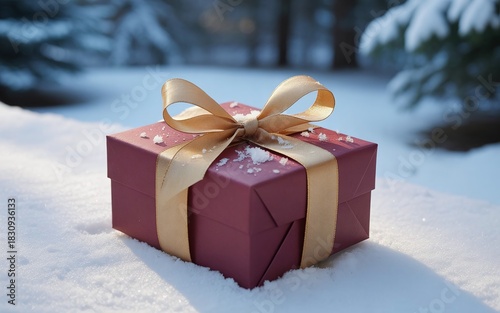 Elegantly wrapped gift box sitting pristinely on freshly fallen snow