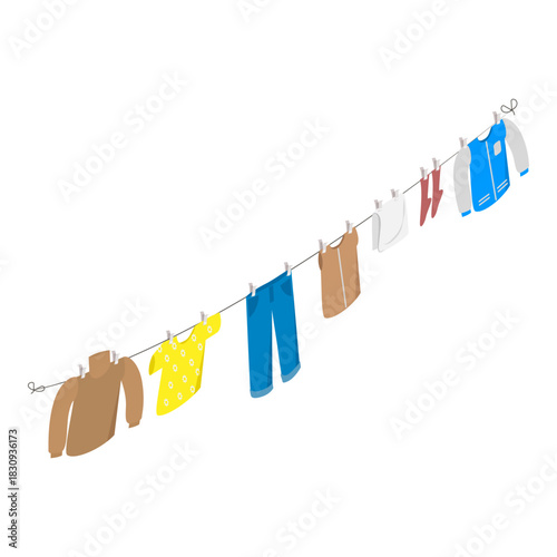 3D Isometric Flat Vector Illustration of Clothes Ropes, Drying Accessories after Washing. Item 2