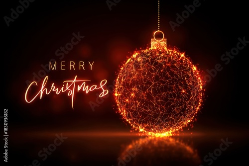Glowing neon Christmas bauble with orange and red light lines