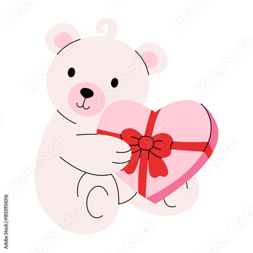 Cute teddy bear. Cartoon plush bear animal with chocolate box and red bow for Valentines day greeting card, love romantic holiday toy gift. Vector illustration