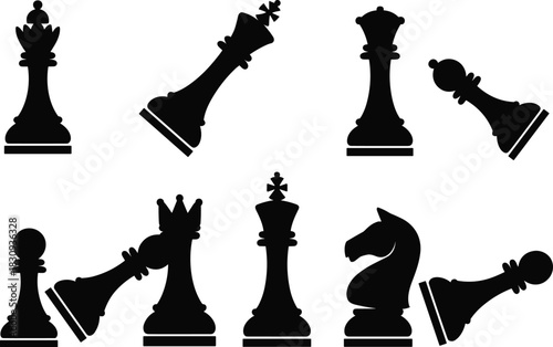 Silhouette chess pieces arranged in strategic positions, featuring king, queen, pawn, knight, and fallen pieces for strategy, competition, logic, and board game concepts