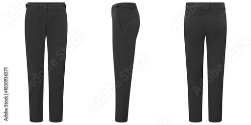 Studio shot of black casual pants front side and back view isolated