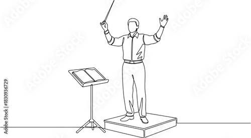One line drawing of an orchestra conductor with baton performing