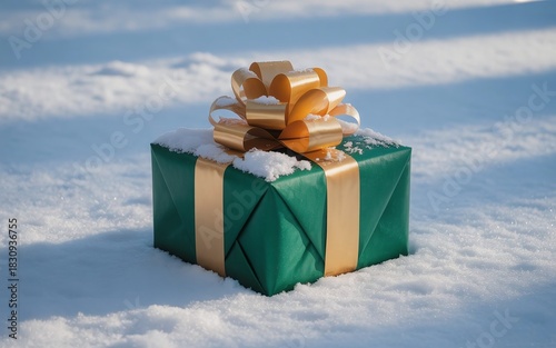 Elegantly wrapped gift box sitting pristinely on freshly fallen snow