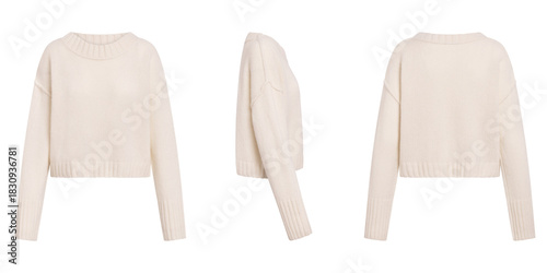 Ivory knitwear cropped jumper featuring front side and back isolated
