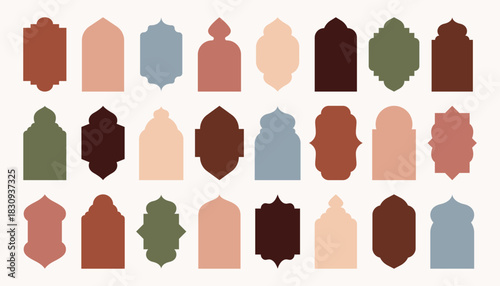 Islam arch frames. Arabic mosque windows and doors with traditional islamic patterns, muslim dome and lanterns terracotta boho minimalist contemporary design. Vector set