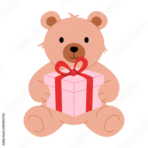 Cute teddy bear. Cartoon plush bear animal holding gift box with red bow for Valentines day greeting card, love romantic holiday toy gift. Vector illustration