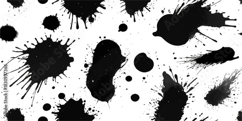 A set of black ink splats, grunge paint splashes, vector illustration design, and liquid blot texture silhouettes