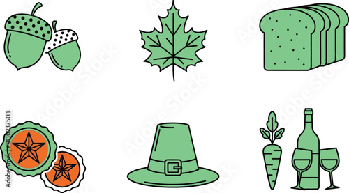 Thanksgiving themed icons including acorn maple leaf bread star wine