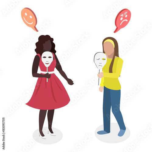 3D Isometric Flat Vector Illustration of Pessimist and Optimist, Positive And Negative Thinking. Item 2