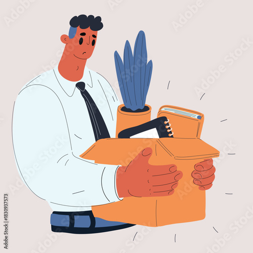 Vector illustration of a sad man holding a box of belongings after losing his job