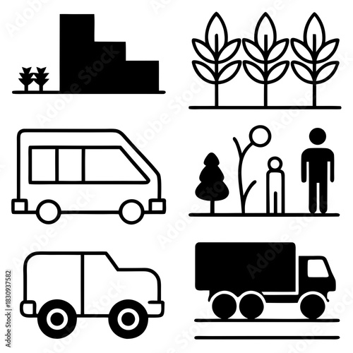 This vector set includes urban and landscape elements—people, vehicles, and plants—in both silhouette and outline styles. Ideal for CAD drawings, diagrams, and presentations