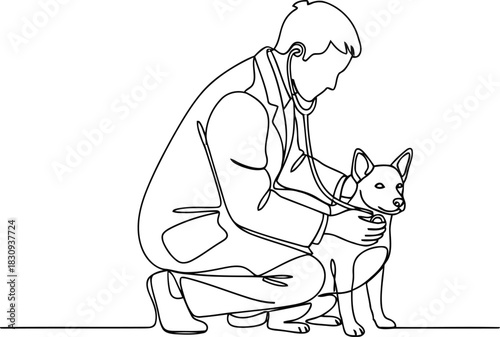 Veterinarian examining a dog in a continuous line art style