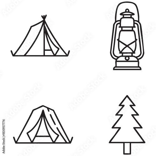 Camping Line Art Clipart Set – Tent, Lantern & Pine Tree Minimal Vector Icons 