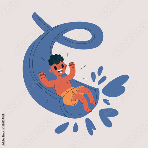 Vector illustration of a boy sliding through water like a joyful comet