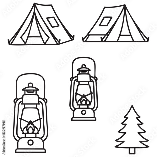 Camping Line Art Clipart Set – Tent, Lantern & Pine Tree Minimal Vector Icons 