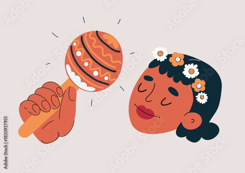 Vector illustration of woman bringing rhythm and joy with maracas