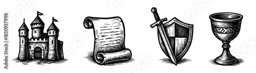 Medieval symbols vintage engraving icons set, castle scroll sword shield goblet