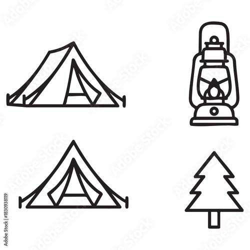 Camping Line Art Clipart Set – Tent, Lantern & Pine Tree Minimal Vector Icons 