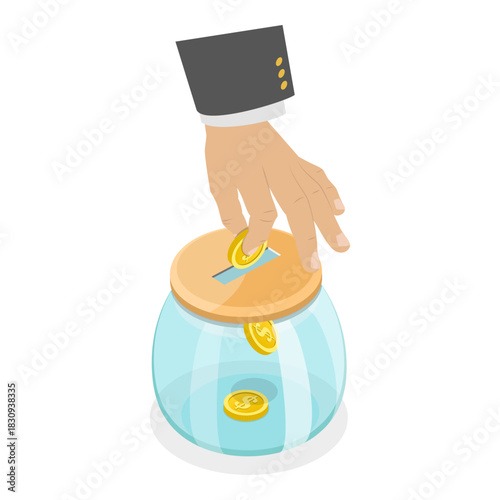 3D Isometric Flat Vector Illustration of Saving Deposit, Utilize A Glass Jar To Save Money Efficiently. Item 1
