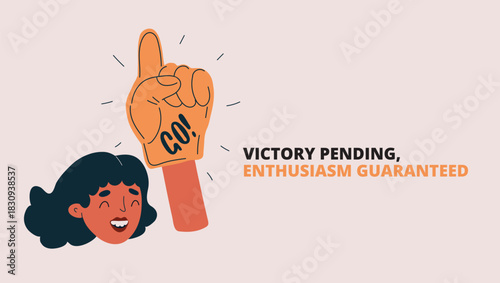 Vector illustration of woman with foam hand raising a finger, symbolizing attention, support, and enthusiasm