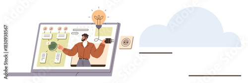 Laptop displaying a presenter with flowcharts, arrows, light bulb icons, and diagrams. Ideal for remote work, creativity, teamwork, education, innovation planning and entrepreneurship in a simple