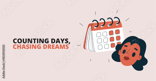 Vector illustration of a woman counting days like marking stars on a sky map