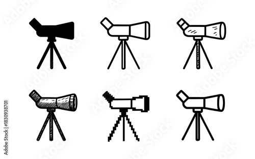 Set of six telescope icons in various art styles including silhouette and pixel