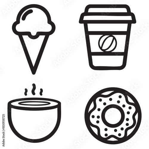Food Line Art Clipart – Ice Cream, Coffee Cup & Donut Minimal Vector Icons