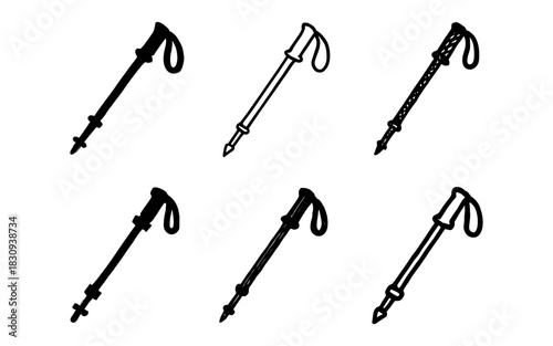 Set of hiking poles in various styles for outdoor adventure