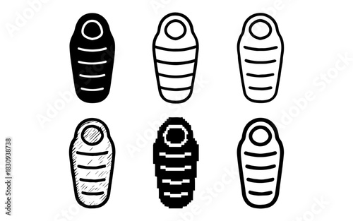 Sleeping bag icons in minimalist and pixel art styles