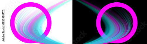 Two circles with pink outlines and blue and pink streams on a black background abstract design
