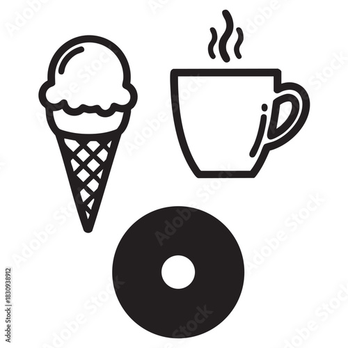 Food Line Art Clipart – Ice Cream, Coffee Cup & Donut Minimal Vector Icons