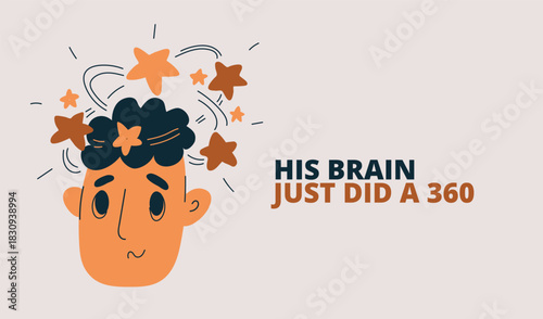 Vector illustration of man with stars around his head, symbolizing dizziness, confusion, and being dazed
