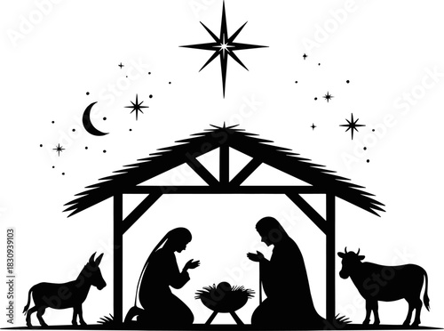 Traditional Nativity Scene Silhouette Vector Graphic: Mary, Joseph, and Baby Jesus in Manger with Star of Bethlehem, Donkey, and Cow, Symbolizing Christmas Holiday and Religious Faith.