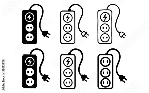 Set of power strip icons featuring plugs and outlets in various styles
