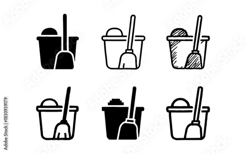 Set of cleaning buckets with brooms in various styles and silhouettes