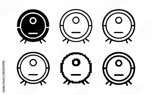Robotic vacuum icon set in various styles including silhouette and pixel art