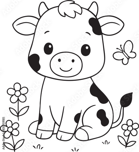 Cute Baby Cow Coloring Page with Flowers and Butterfly