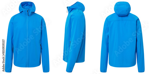 Blue hooded jacket for outdoor activities on a white background
