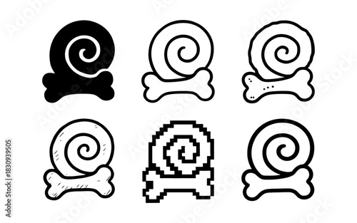 Collection of spiraling snail shell and bone designs in various styles