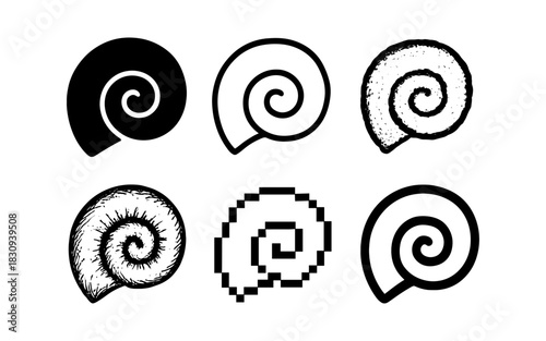 Abstract spiral shell variations in minimalist and pixel art styles