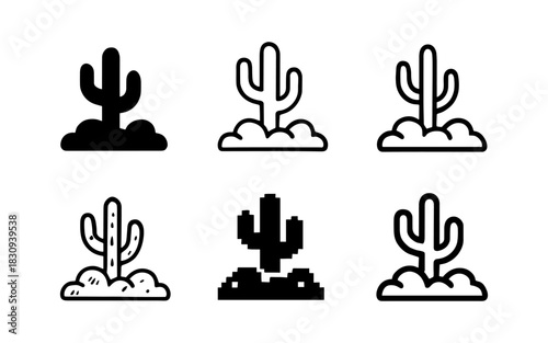 Stylized cactus variation set: monochrome, pixel, and outline design