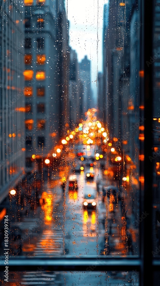 Obraz premium A view of a city street at night through a rain-covered window, with lights reflecting on the wet pavement.