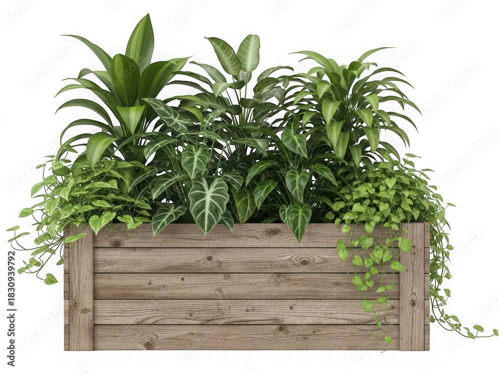 Naklejka premium Lush green potted plants with varied leaf textures in a rustic wooden planter box, isolated on a transparent background for easy compositing isolated on transparent background