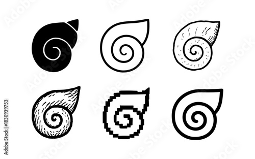Diverse nautilus shell designs in various art styles and textures